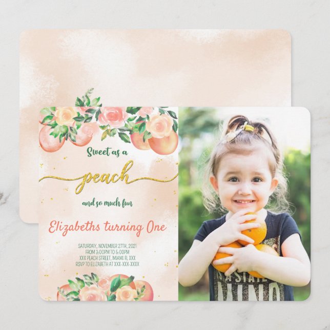 Invitaciones de foto de melocotón editables (Anverso / Reverso)