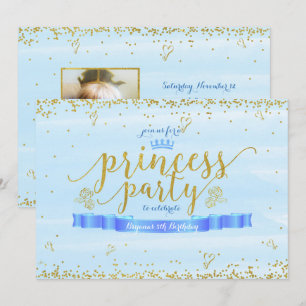 Invitaciones de Foto Doradas y Azules para Fiesta 