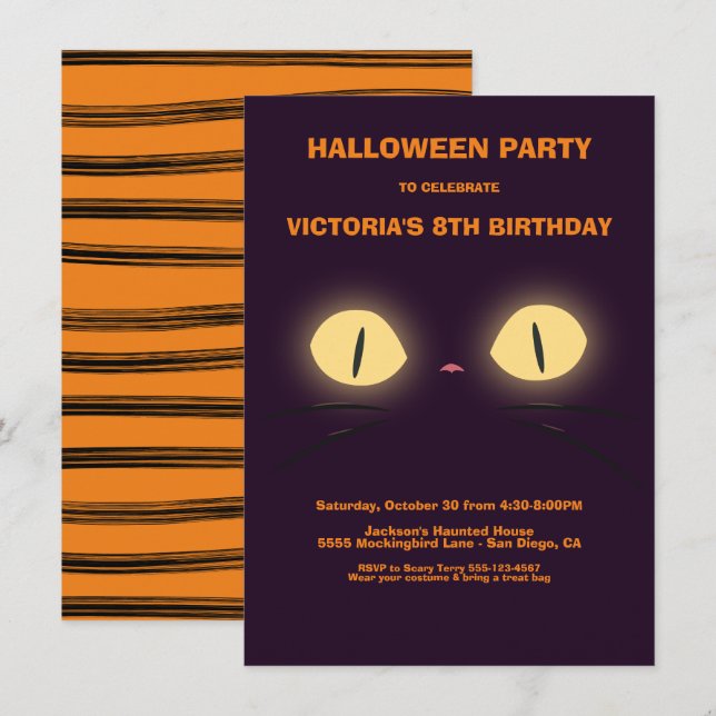Invitaciones de Gato de cumpleaños de Halloween (Anverso / Reverso)