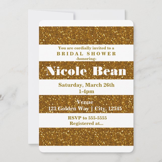 Invitaciones de glamour con brillo dorado y rayas  (Anverso)