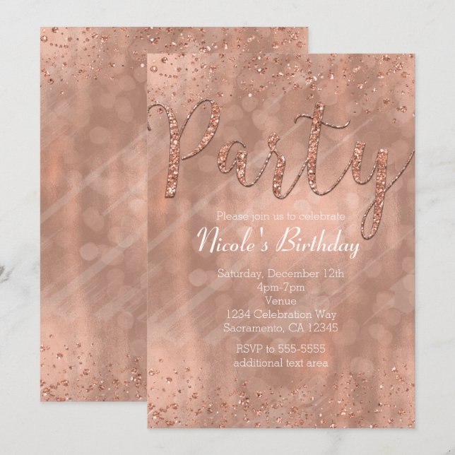 Invitaciones de glamour rosa dorado para fiesta de (Anverso / Reverso)