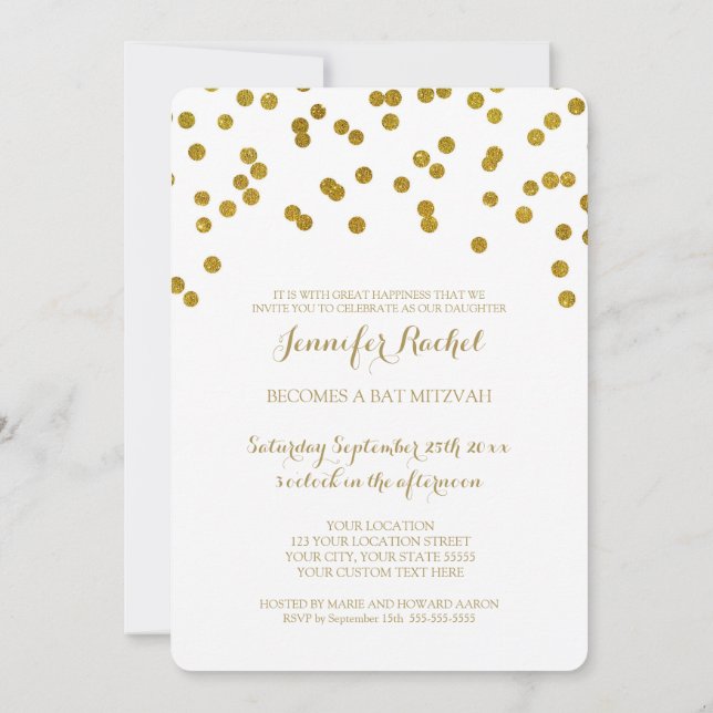 Invitaciones de Gold Confetti Bat Mitzvah (Reverso)