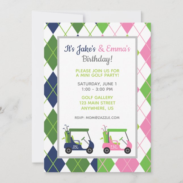 Invitaciones de golf de argyle divididas en rosa y (Anverso)