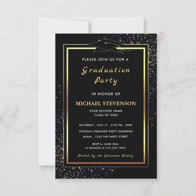 Invitaciones de Graduación de Oro Negro con Código (Anverso)