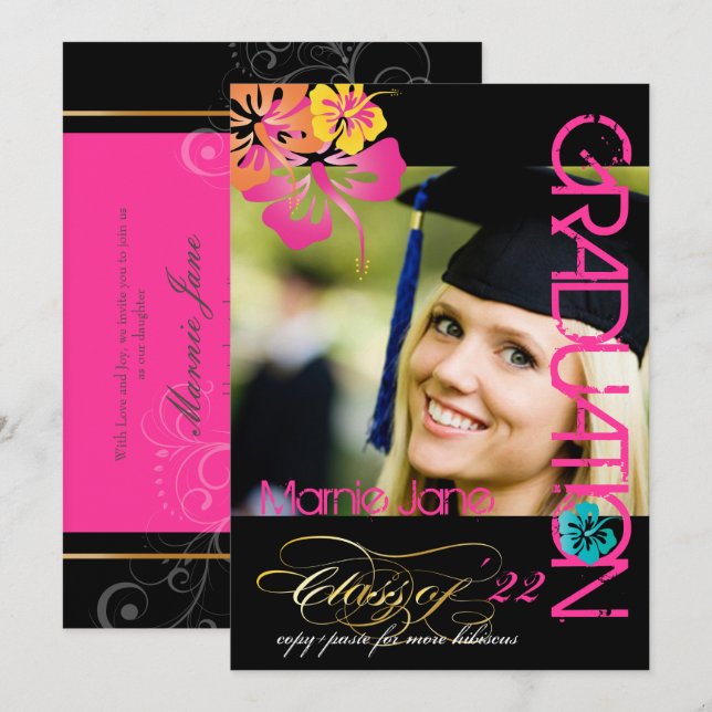 INVITACIONES DE GRADUACIÓN DEL HIBISCO DE PixDezin (Anverso / Reverso)