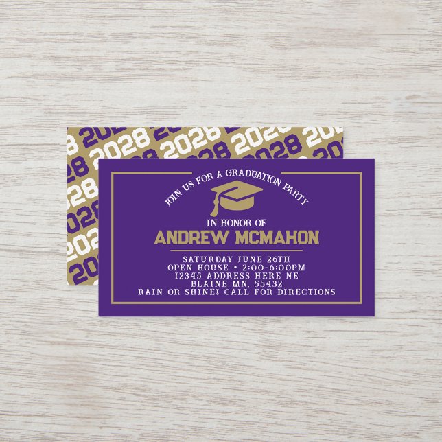 Invitaciones de graduación mini Purple & Gold (Purple, White & Bronze Gold Mini Graduation Invites for Friends, Team Mates or as Inserts!)