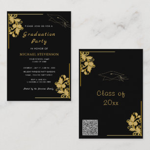 Invitaciones de graduación negras con flores dorad