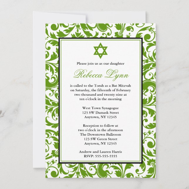 Invitaciones de Green Swirl Damask Bat Mitzvah (Anverso)