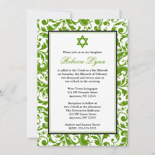 Invitaciones de Green Swirl Damask Bat Mitzvah