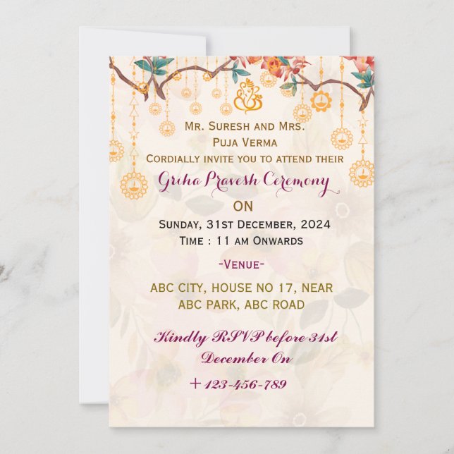 Invitaciones de Griha Pravesh (Anverso)