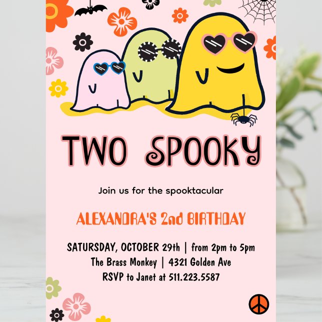 Invitaciones de Halloween de 2º cumpleaños a dos f (Halloween-2nd-Birthday-Invitations-Two-Spooky-groovy-pink-1)
