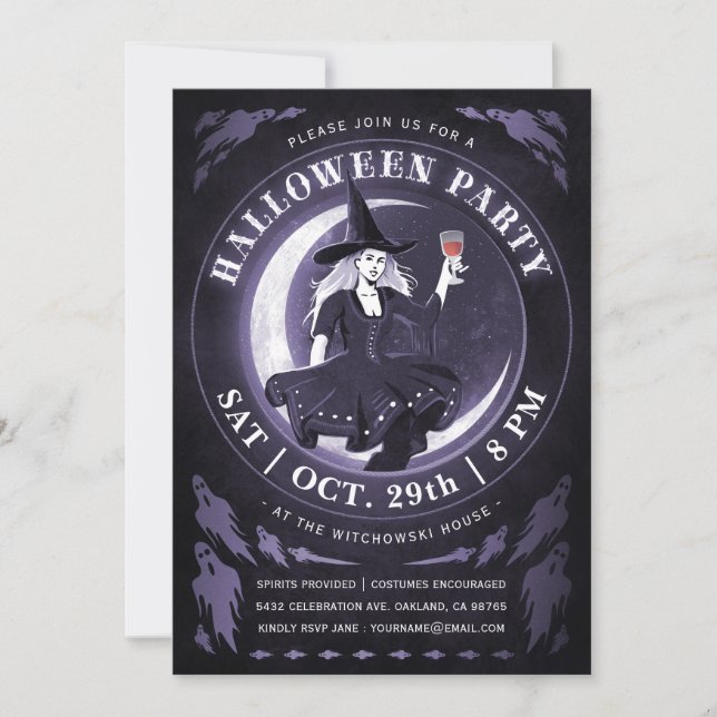 Invitaciones de Halloween de Brujas y Luna | Morad (Anverso)
