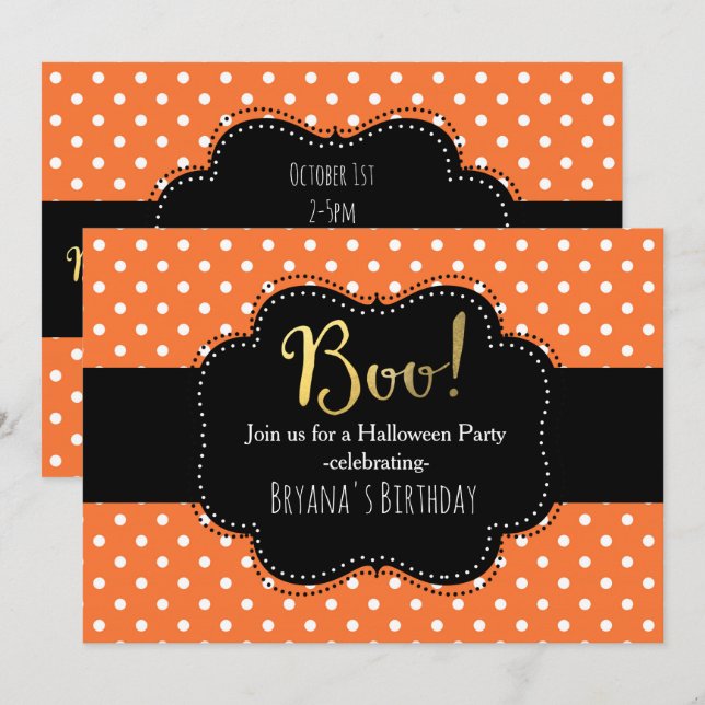 Invitaciones de Halloween de lunares naranjas y bl (Anverso / Reverso)