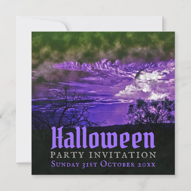 Invitaciones de Halloween moradas nubes lunares (Anverso)