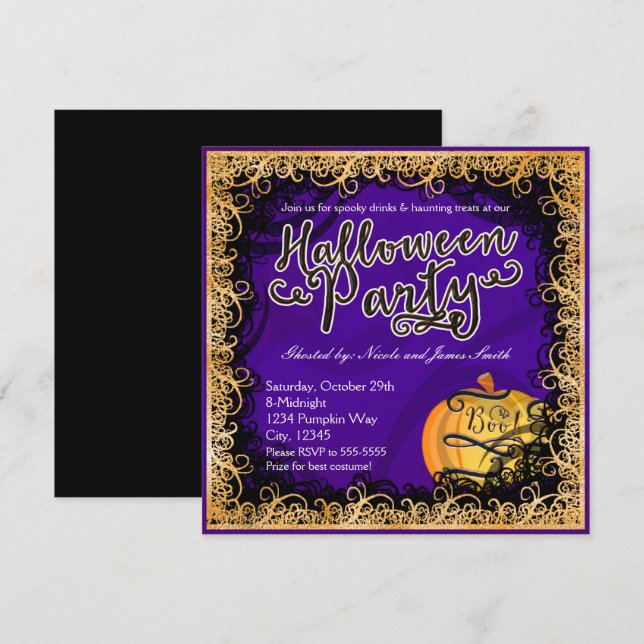 Invitaciones de Halloween Moradas y Naranjas Diver (Anverso / Reverso)