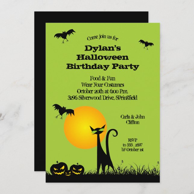 Invitaciones de Halloween para gatos negros y murc (Anverso / Reverso)
