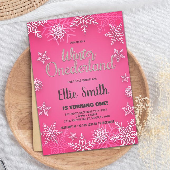 Invitaciones de invierno a cumpleaños de ONEderlan (Winter ONEderland Birthday Invitations Pink Snow)