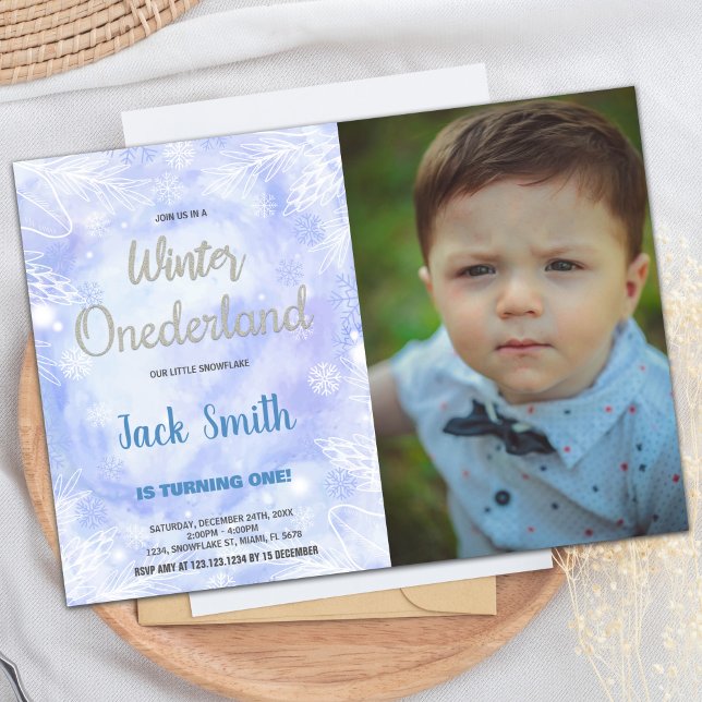 Invitaciones de invierno azul de ONEderland Foto d (Blue Winter ONEderland Invitations Silver Photo)