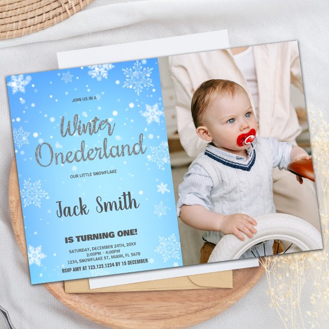 Invitaciones de invierno de ONEderland Foto de col (Winter ONEderland Invitations Silver Black Photo)