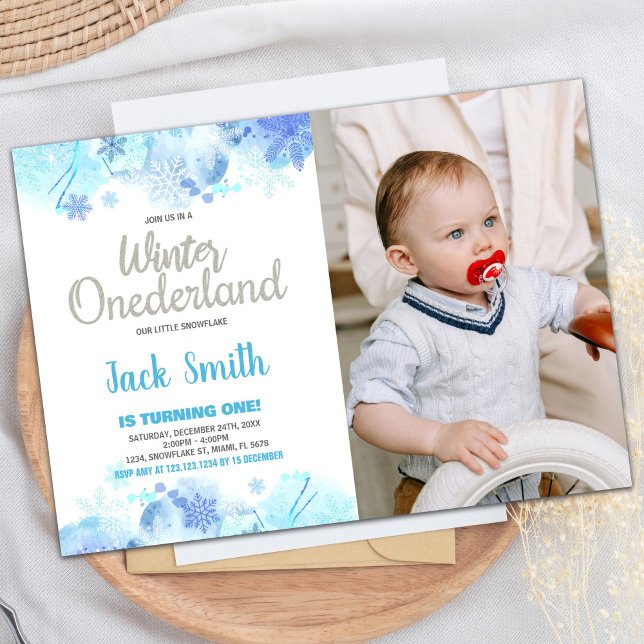 Invitaciones de invierno de ONEderland Foto de pla (Winter ONEderland Invitations Snow Silver Photo)