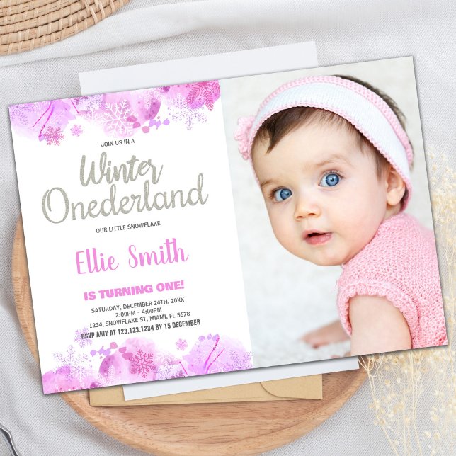 Invitaciones de invierno de ONEderland Foto de pla (Winter ONEderland Invitations Snow Silver Photo)