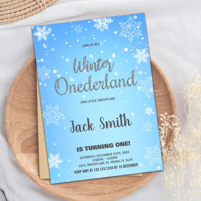 Invitaciones de invierno de ONEderland negro plate (Winter ONEderland Invitations Silver Black)