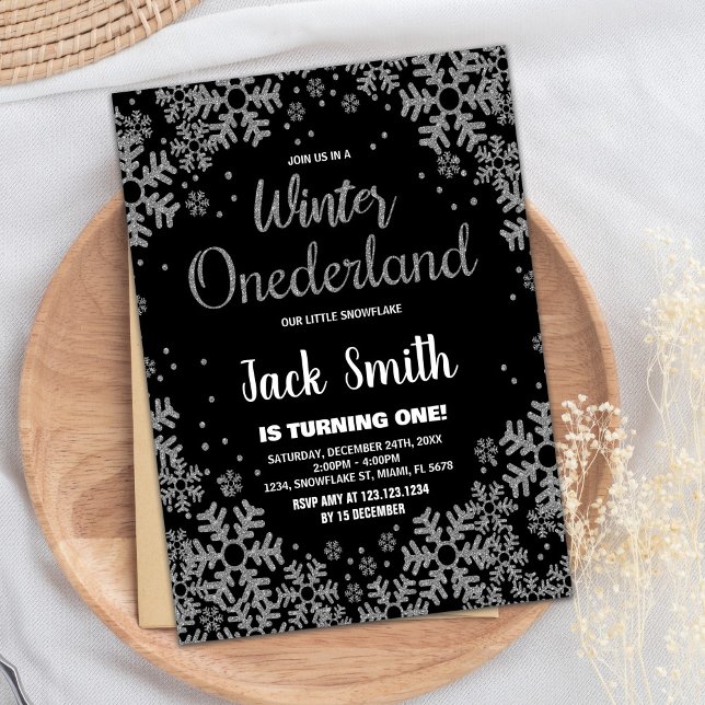 Invitaciones de invierno de ONEderland Plata negra (Winter ONEderland Invitations Black Silver)