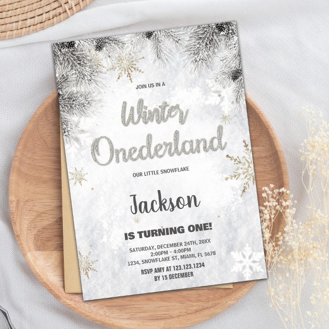 Invitaciones de invierno de ONEderland Purpurina d (Winter ONEderland Invitations Pine Silver Glitter)