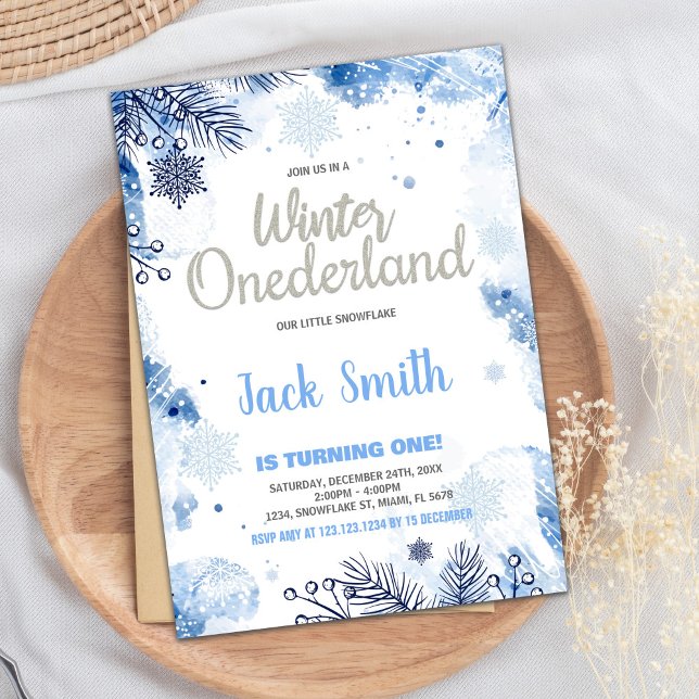 Invitaciones de invierno de ONEderland Purpurina d (Winter ONEderland Invitations Silver Glitter Blue)