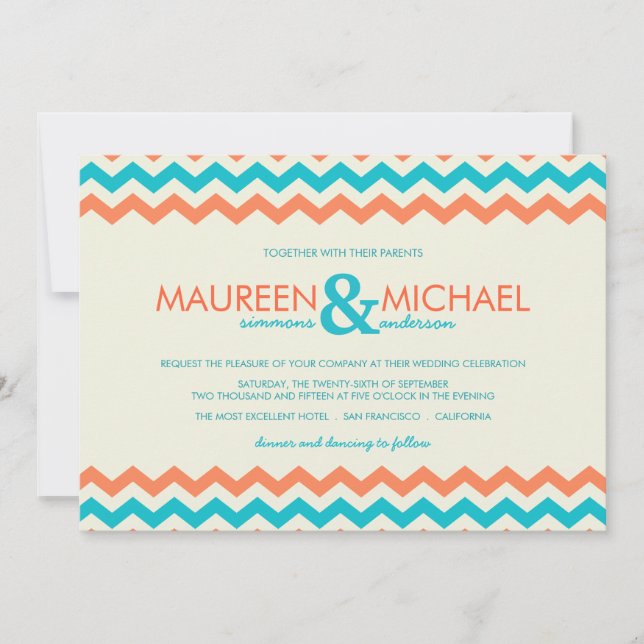 Invitaciones de la boda del zigzag del naranja y (Anverso)