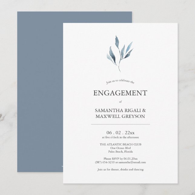 Invitaciones de la Dusty Blue Botanicals Engagemen (Anverso / Reverso)
