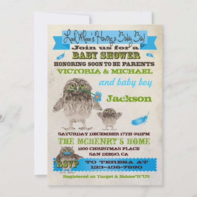 Invitaciones de la fiesta de Baby Shower de Owl Bo (Anverso)