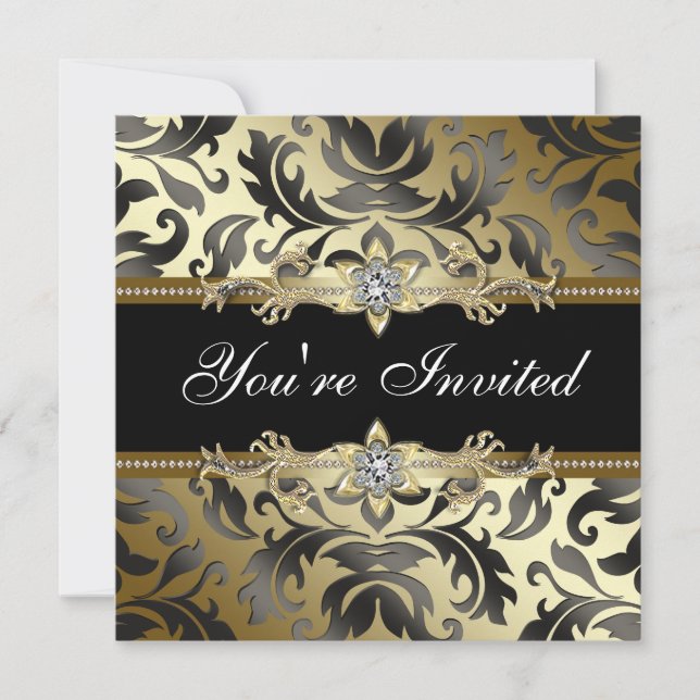 Invitaciones de la fiesta de Black Gold Damask (Anverso)