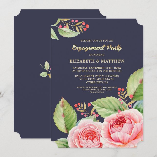 Invitaciones de la fiesta de compromiso de acuarel (Anverso / Reverso)