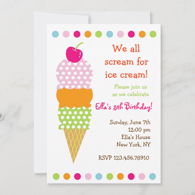 Invitaciones de la fiesta de cumpleaños del helado (Anverso)
