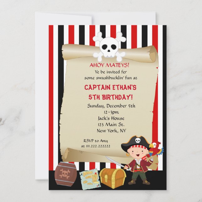 Invitaciones de la fiesta de cumpleaños del pirata (Anverso)