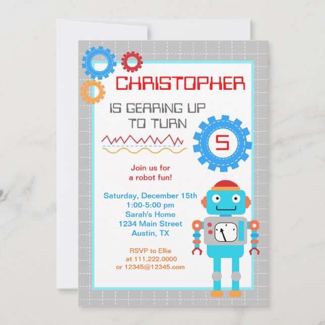 Invitaciones de la fiesta de cumpleaños del robot (Anverso)