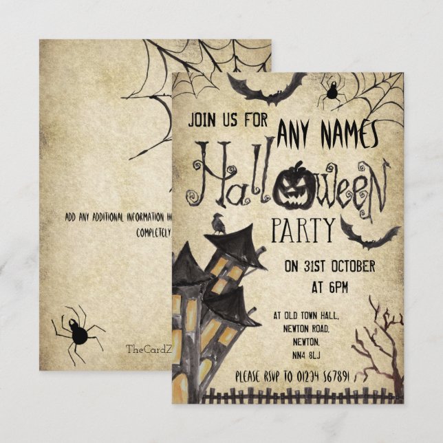 Invitaciones de la fiesta de Halloween en la Casa  (Anverso / Reverso)
