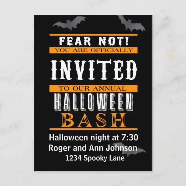 Invitaciones de la fiesta de Halloween negro y Nar (Anverso)