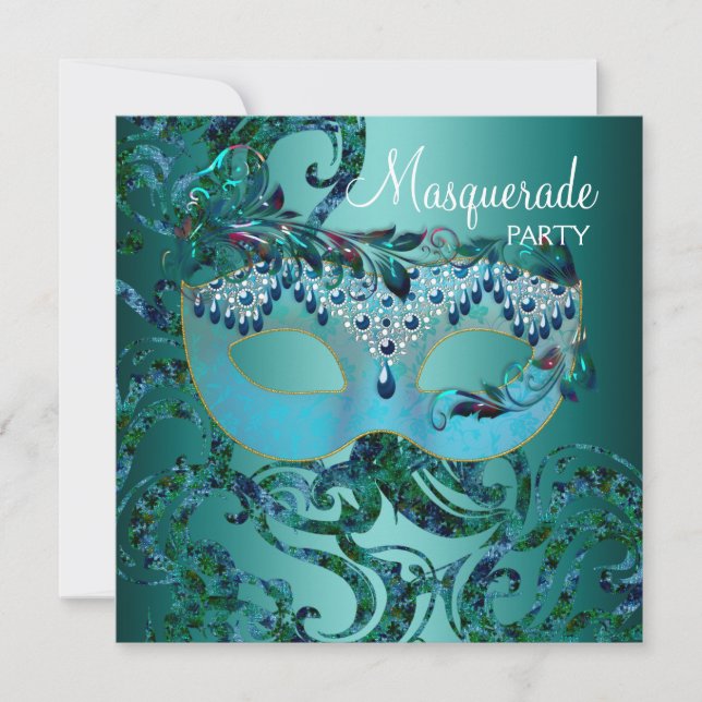 Invitaciones de la fiesta de la mascarada azul ver (Anverso)
