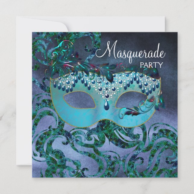 Invitaciones de la fiesta de la mascarada azul Ver (Anverso)