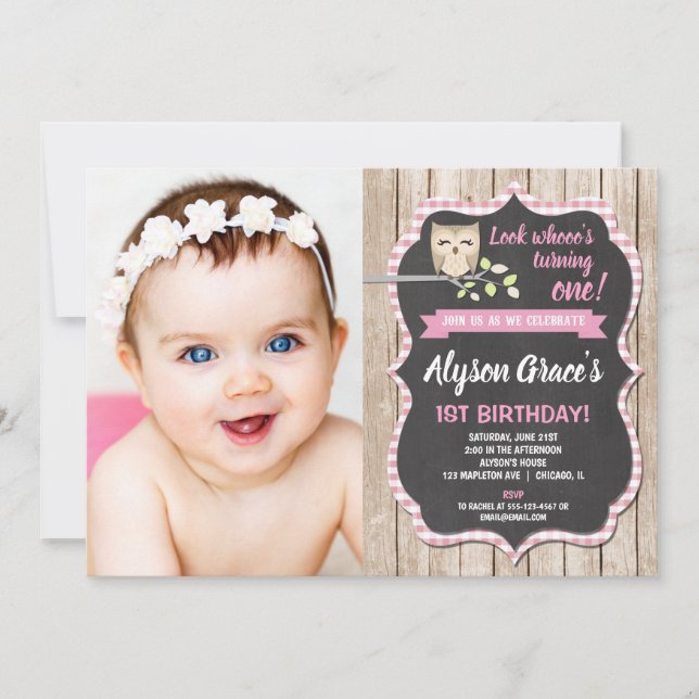 Invitaciones de la foto del cumpleaños del búho, (Anverso)