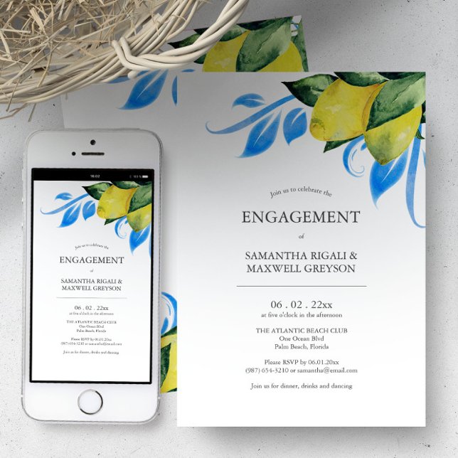 Invitaciones de la Parte de Participación Lemon Bo (Watercolor lemons blue and yellow Italian style engagement party invitations by Victoria Grigaliunas)