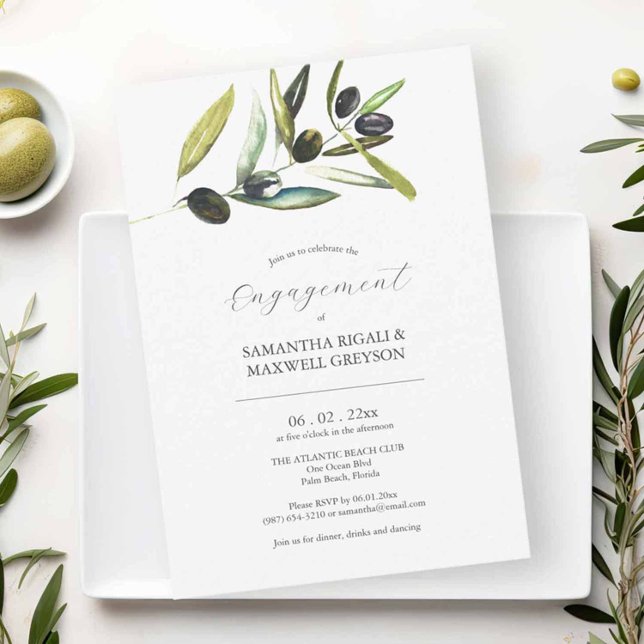 Invitaciones de la Parte de Participación Olive Bo (Engagement party invitations features unique watercolor olive branch by Victoria Grigaliuanas)