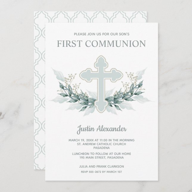 Invitaciones de la primera comunión floral de Blue (Anverso / Reverso)