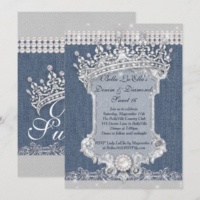 Invitaciones de las partes Denim y Diamonds (Anverso / Reverso)