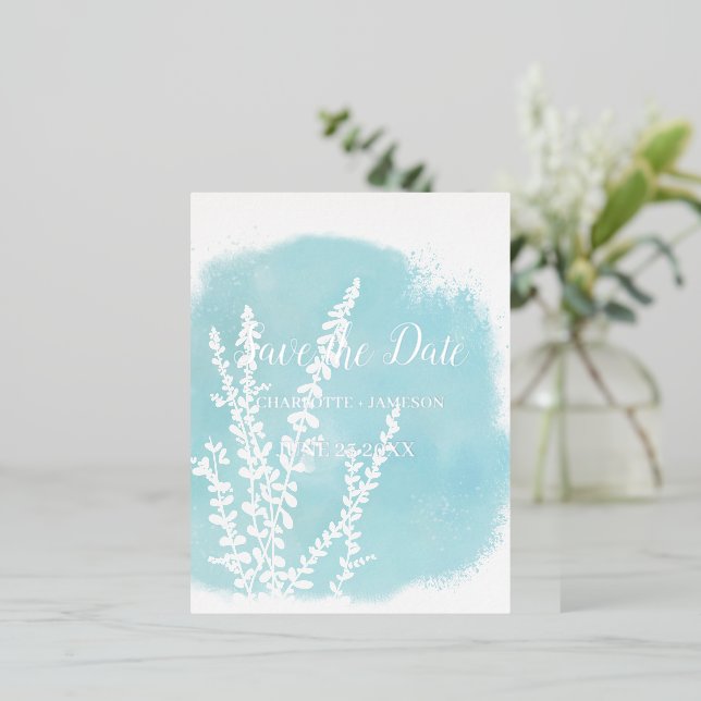 Invitaciones de lavado de acuarela botánica azul a (Anverso de pie)