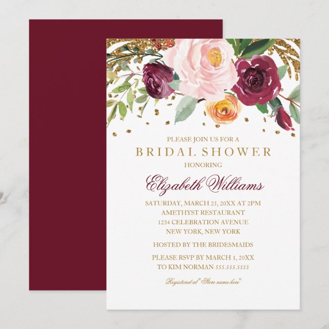 Invitaciones de lluvia de novia con brillo floral  (Anverso / Reverso)