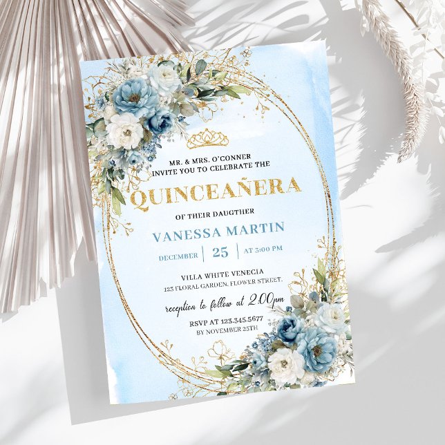 Invitaciones de lujo pastel azul dorado eucalipto  (Luxury Pastel Blue Gold Eucalyptus Quince Invitation)