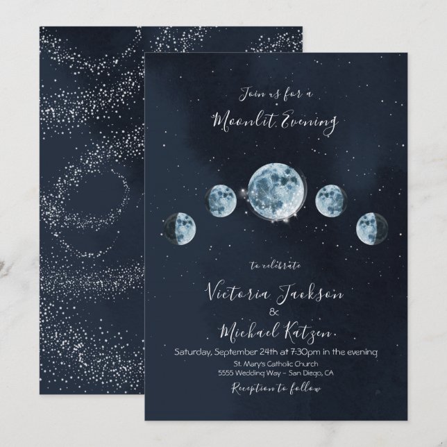 invitaciones de Luna Llena Celestial y Estrellas (Anverso / Reverso)